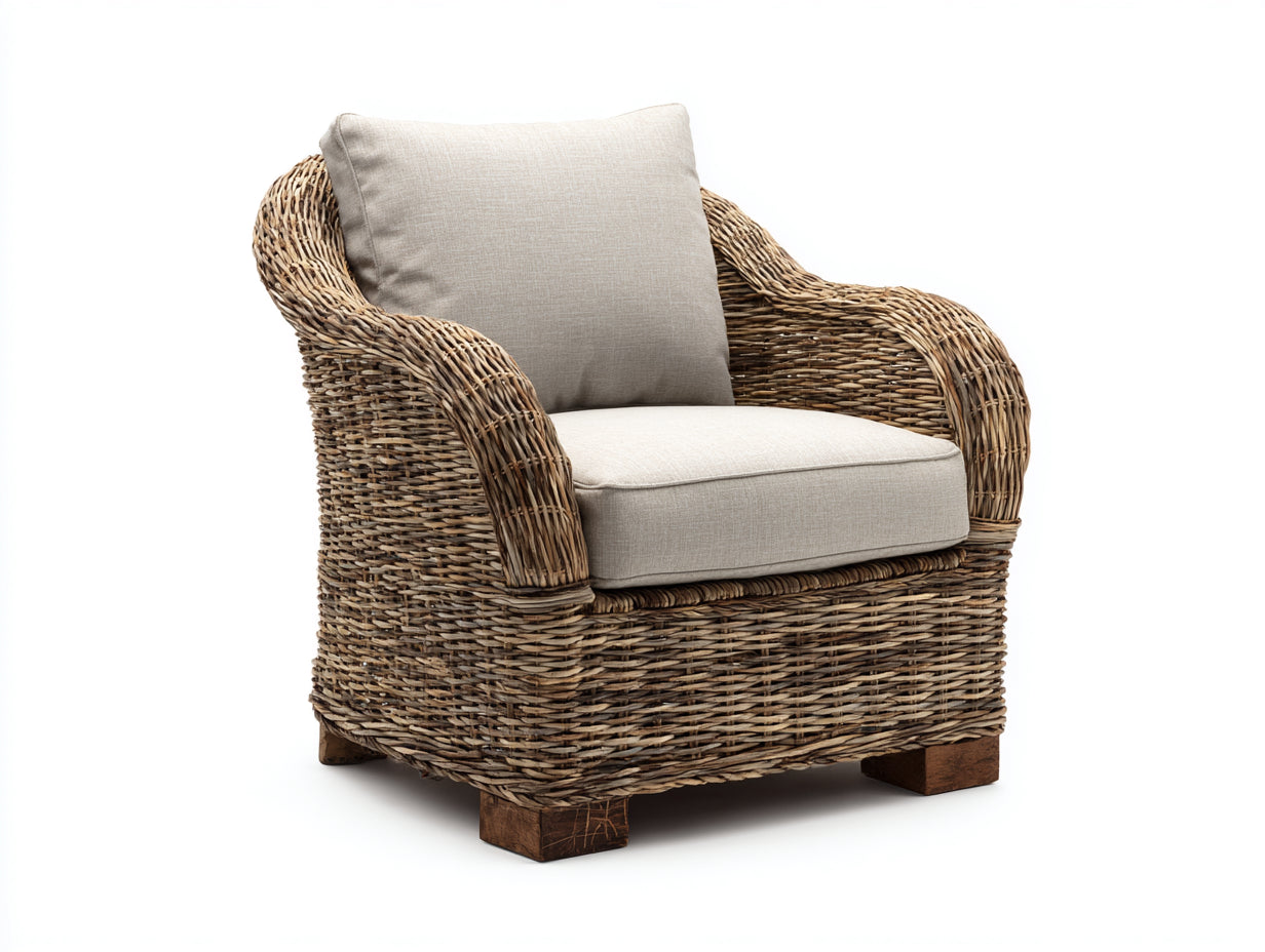 Polyrattan Gartensessel - Polyrattan-Holz-Stoff - 97x91x81 cm - Natur-Beige - rustikaler Komfort-Stil