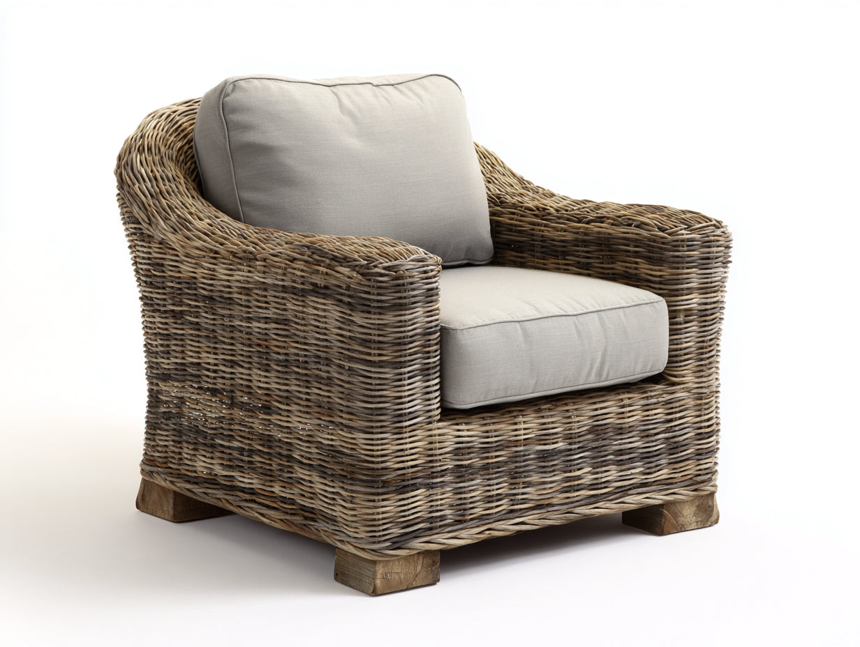Polyrattan Gartensessel - Polyrattan-Holz-Stoff - 99x92x80 cm - Grau-Natur-Beige - natürlicher Lounge-Stil