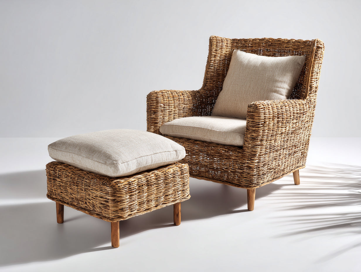Polyrattan Gartensessel - Polyrattan-Holz-Stoff - 88x82x97 cm - Naturbraun-Beige - eleganter Landhausstil