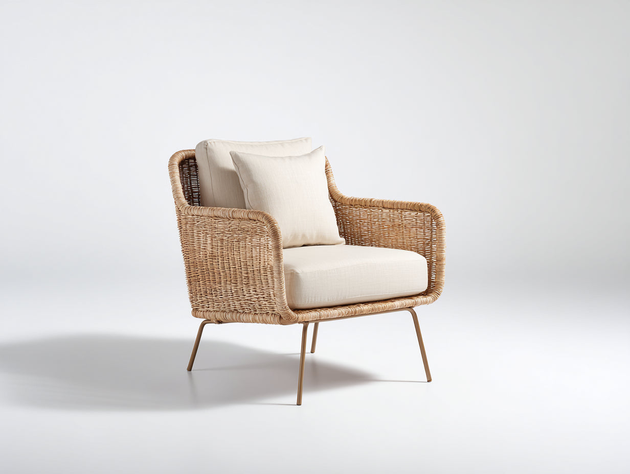 Polyrattan Gartensessel - Polyrattan-Metall-Stoff - 84x78x82 cm - Natur-Creme - moderner Boho-Stil